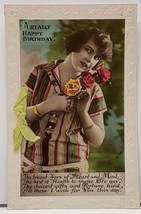 RPPC Birthday Greeting Woman Ribbon Real Photo Hand Colored c1910 Postcard H16 - $6.95