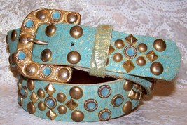 Aqua and Brass Leatherock AB Belt Made with Pacific Opal Swarovski Crystals M  L - £180.41 GBP