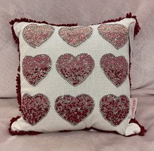 New Bella Lux Beaded Valentine Hearts Throw Pillow Love Pink Red Silver 12 x 12 - £36.96 GBP