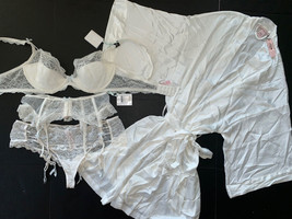 Victoria&#39;s Secret 36D Bra Set+Garter+Xl thong+M/L Robe Kimono Ivory White Bridal - $148.49