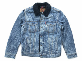 Levis Mens M Blue Laser Printed Acid Wash Black Sherpa Denim Jean Trucker Jacket - £59.63 GBP