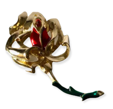 VTG Red Rose Enamel Flower Metal Gold Tone Brooch Pin 3&quot; Long - $13.49