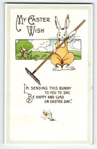 Easter Greetings Postcard Anthropomorphic Fantasy Bunny Rabbit With Rake 1919 - £8.26 GBP