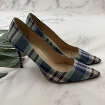 J.Crew Elsie Mixed Plaid Pumps Heels Size 10.5 Blue Purple Point Toe Made Italy - £30.84 GBP