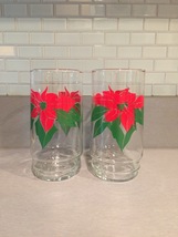 Vintage 70s Red Poinsettia and Green leaves Christmas cocktail glasses
