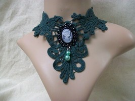 Fancy Green Femme Fatale Gothic Lace Choker Collar w/ Cameo Victorian Steampunk - £7.03 GBP