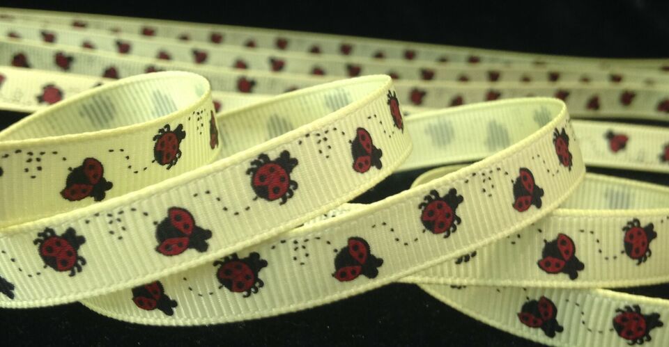 3/8 inch LADYBUG print on yellow grograin RIBBON - 1 yd bug butterfly ga... - $2.08