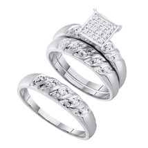 10k White Gold His Her Round Diamond Cluster Matching Bridal Wedding Ring Set - £350.85 GBP