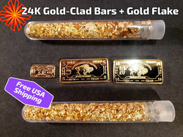 2 VIALS GOLD FLAKE + 1g, 5g and 10g 24K GOLD CLAD BULLION BARS.  FREE SH... - £23.30 GBP