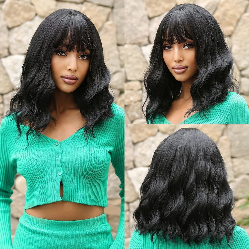 Natural Black Synthetic Wigs Short Water Curly Wavy Bob Cut Wig with Bangs He - £11.30 GBP+