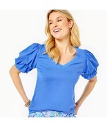 Lilly Pulitzer Boca Blue Puff Sleeve V-Neck Dicola Top Size L Cotton Blend - $62.59 CAD