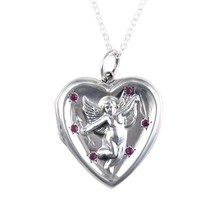 Large Sterling Silver and Ruby Cupid Locket Necklace, 16&quot; - £36.95 GBP