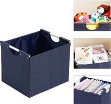 Collapsible Storage Bin ~ BLUE ~ Linen Fabric w/Wooden Handles ~ 12.75&quot; ... - £20.87 GBP