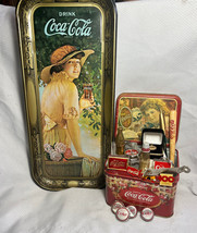 Large Drink Coca- Cola Tin Container Tray Pen Thimble Watch Pins Caps Op... - £63.67 GBP