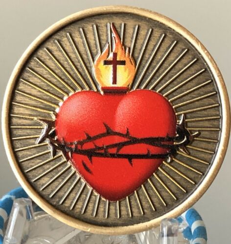 Color Sacred Heart Cross Flame Serenity Prayer Medallion Coin