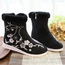 Winter Women Warm Fleece-Lined Ankle Boots Faux Furry Jacquard Cotton Fabric Fla - £39.40 GBP