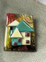 House Pins by Lucinda Impressionist Tree Background w Cream &amp; Turquoise House &amp; - £9.02 GBP