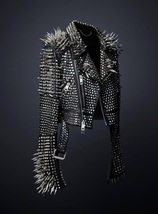 Women Genuine Classical Punk Style Leather Jacket Large Spike Silver Studs - $369.99