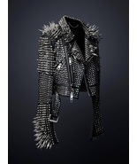 Women Genuine Classical Punk Style Leather Jacket Large Spike Silver Studs - £290.27 GBP