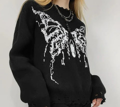 Gothic Butterfly Autumn Sweater Black Loose O-Neck Long Sleeve Perforate... - £17.61 GBP