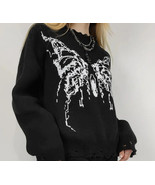 Gothic Butterfly Autumn Sweater Black Loose O-Neck Long Sleeve Perforate... - £17.56 GBP