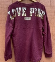 PINK Victoria Secret Long Sleeve Maroon Shirt M Gold Sequin Spell Out Lo... - $19.79