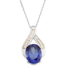 Sterling Silver White Inlay Opal w/ Large Blue Oval CZ Pendant - £44.79 GBP