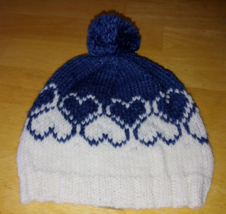 LOVE JACKIE DESIGNS GIRL&#39;S KNIT BLUE/WHITE HEART BEANIE W/POM-NWOT-SOFT/... - $7.69
