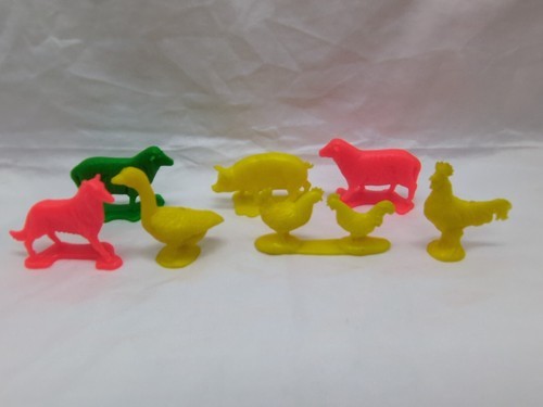 Lot Of (7) Vintage Neon Colored Plastic Farm Animal Toys Dog Rooster Pig... - $15.83