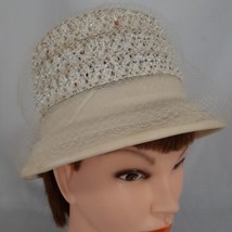 Womens Vintage Union Made Hat Beige Straw With Ribbon And Netting Church Easter - £18.58 GBP