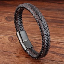 Punk Men Jewelry Black/Brown Braided Leather Bracelet Stainless Steel Magnetic C - £18.00 GBP