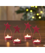 Farmhouse Barn Red Finish Set Four Star Candle Holders Christmas Holiday... - $29.05