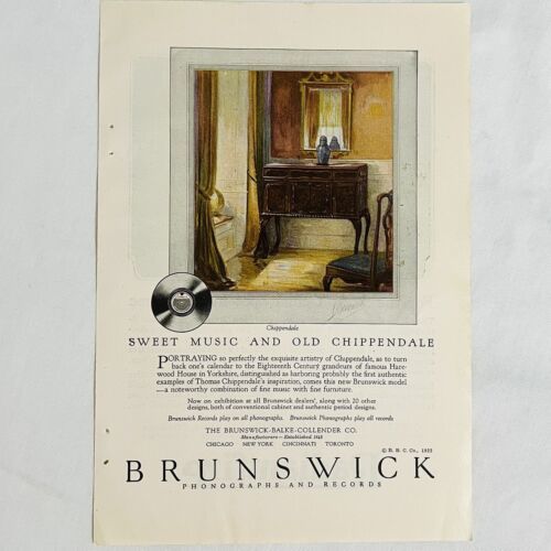 Vintage 1922 Brunswick Phonographs &amp; Records Print Ad Chippendale Color ... - $6.62