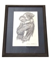 Painting Drawing Mother with child pencil signed art black Frame in glass - £156.72 GBP