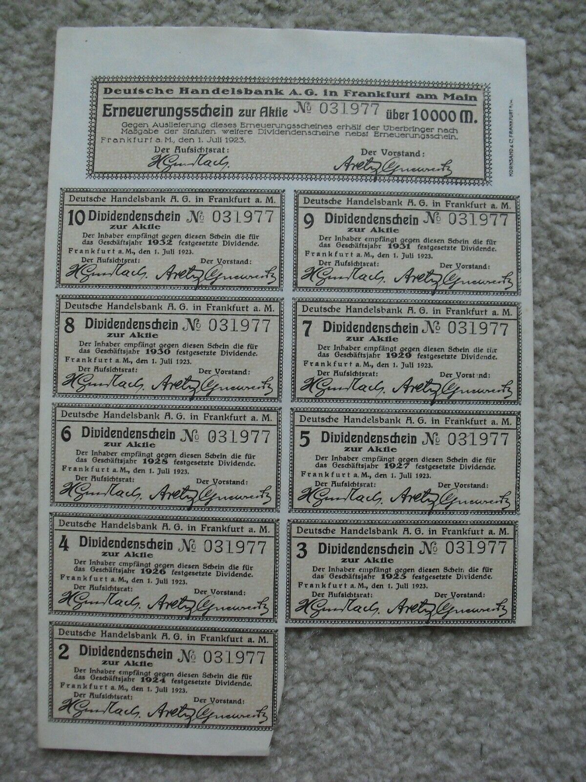 Unique Sheet of Vintage 1923 Germany Deutsche Handelsbank Bond Certificates - $22.77