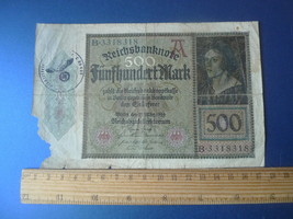 K Germany Banknote Reichsbanknote 500 mark 1922 B 3318318 Swastika stamp stempel - £49.90 GBP