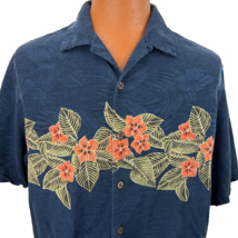 Caribbean Hawaiian Aloha L Shirt Plumeria Pure Silk Blue Coconut Buttons Leaves - £43.25 GBP