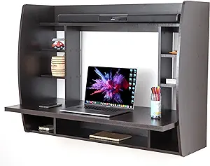Wall Mount Laptop Office Desk With Shelves, Brown, - $266.99