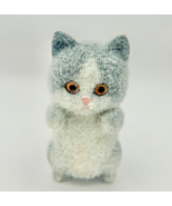 Vintage Flocked Kitten Figurine Brown Eyes Gray &amp; White Cat 3.75&quot; - $11.99