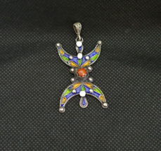 Kabyle Necklace Berber Silver Enamel African Handmade Pendant Ethnic Moroccan - £45.93 GBP