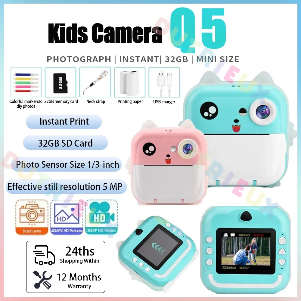 Q5 Kids Camera Instant Print Photo Mini Digital Video Camera for Kids Print - £30.64 GBP+