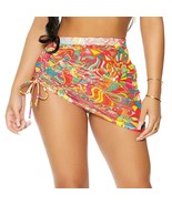 Swim Coverup Print Mini Skirt Drawstring Side Asymmetrical Ruched Mesh 4... - $197.67 MXN