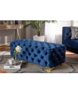 Gates Royal Blue Velvet Fabric Gold Finished Button Tufted Bench Ottoman - $9,409.49 MXN