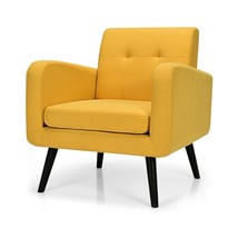 Mid-Century Modern Yellow Linen Upholstered Accent Chair with Wooden Legs - £280.78 GBP