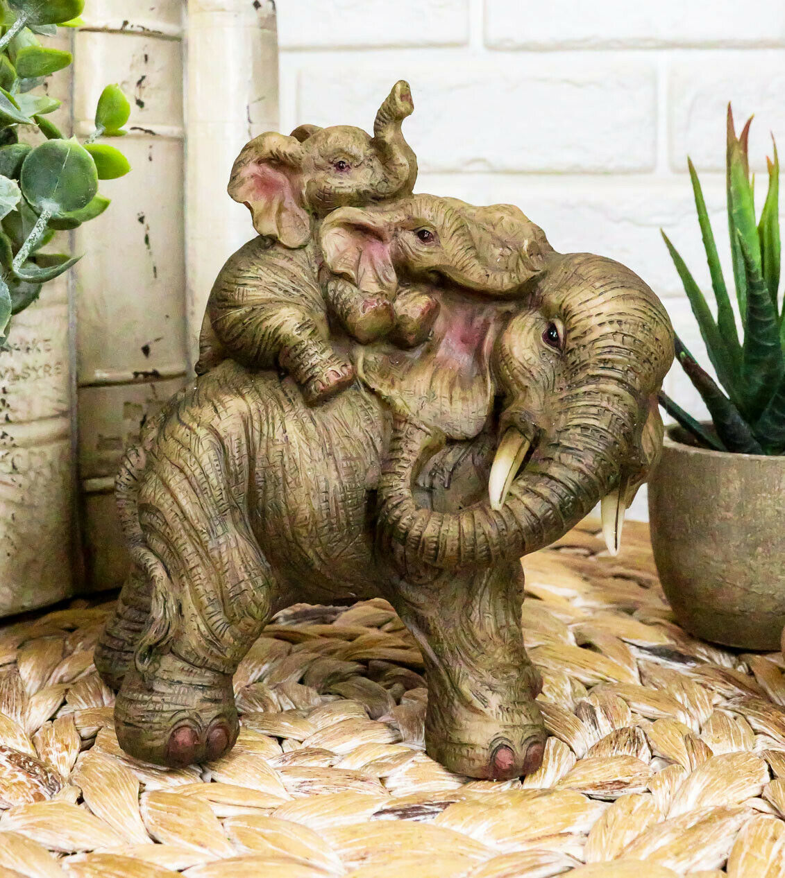Small Wildlife Elephant Father And 2 Calves On Piggyback Playing Statue ... - $18.99