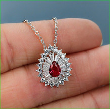 2Ct Pear Cut Lab Created Ruby Halo Pendant 14k White Gold Plated 18&#39;&#39; - £102.90 GBP