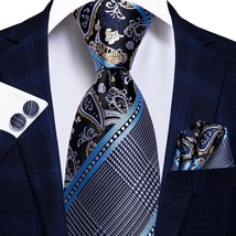 Hi-Tie Navy Blue  Silk Wedding Tie For Men Fashion Design Gift Men Necktie Hanky - £44.13 GBP