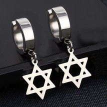 Silver Star of David Drop Dangle Hoop Earrings Jewish Jewelry Stainless Steel - £7.88 GBP