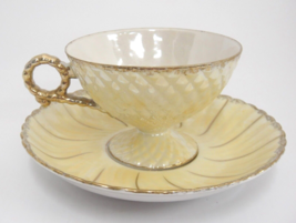 Vintage Lusterware Cup and Saucer Yellow Gilded Textured Diamonds Japan Lovely - £7.89 GBP