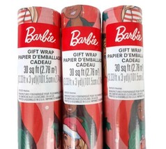 3 ROLLS Barbie Christmas Wrapping Paper Gift Wrap Pink 90sq ft Total Holiday - £26.69 GBP